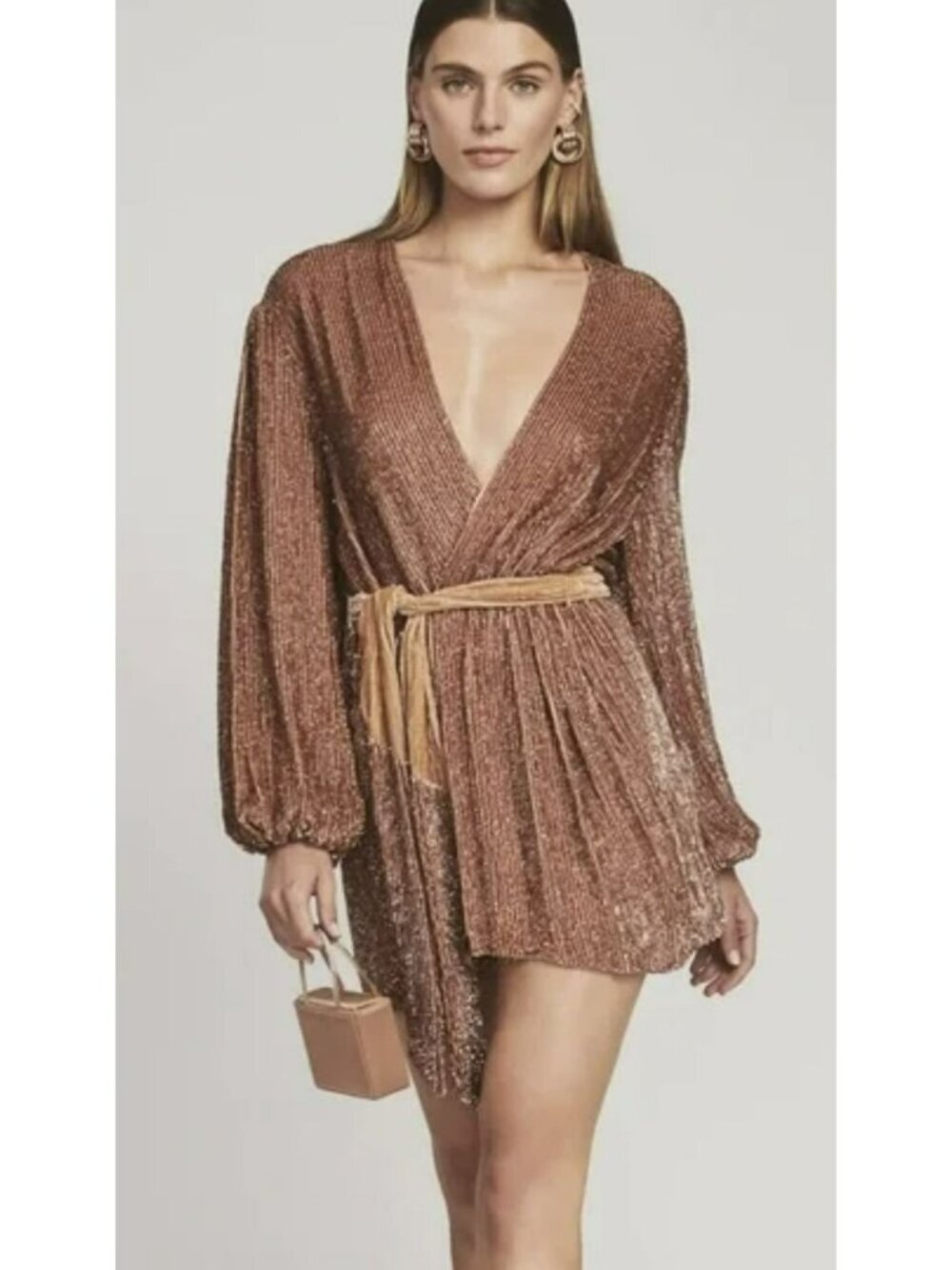 Retrofete $635 Bronze Mini Dress Gabrielle Sequin Velvet Belted Robe NWT Small